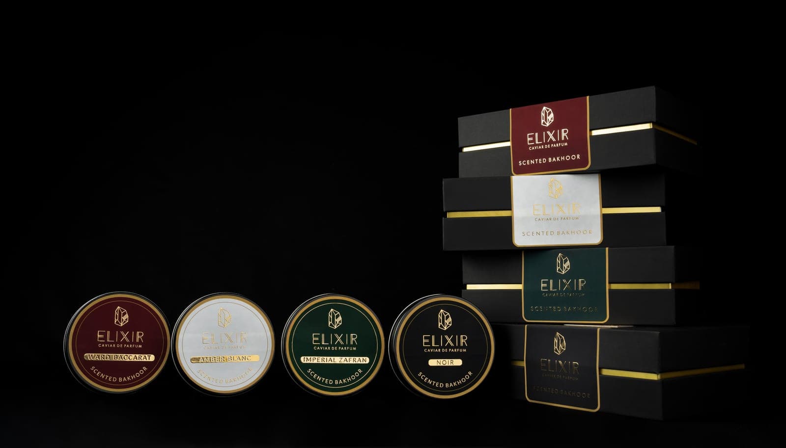 Caviar Bakhoor tins and boxes, stacked