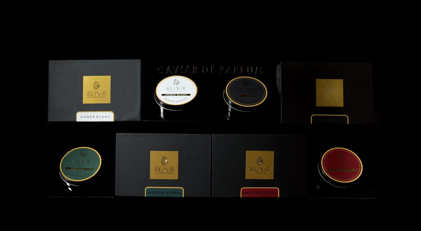 Caviar Bakhoor boxes and tins on a shelf